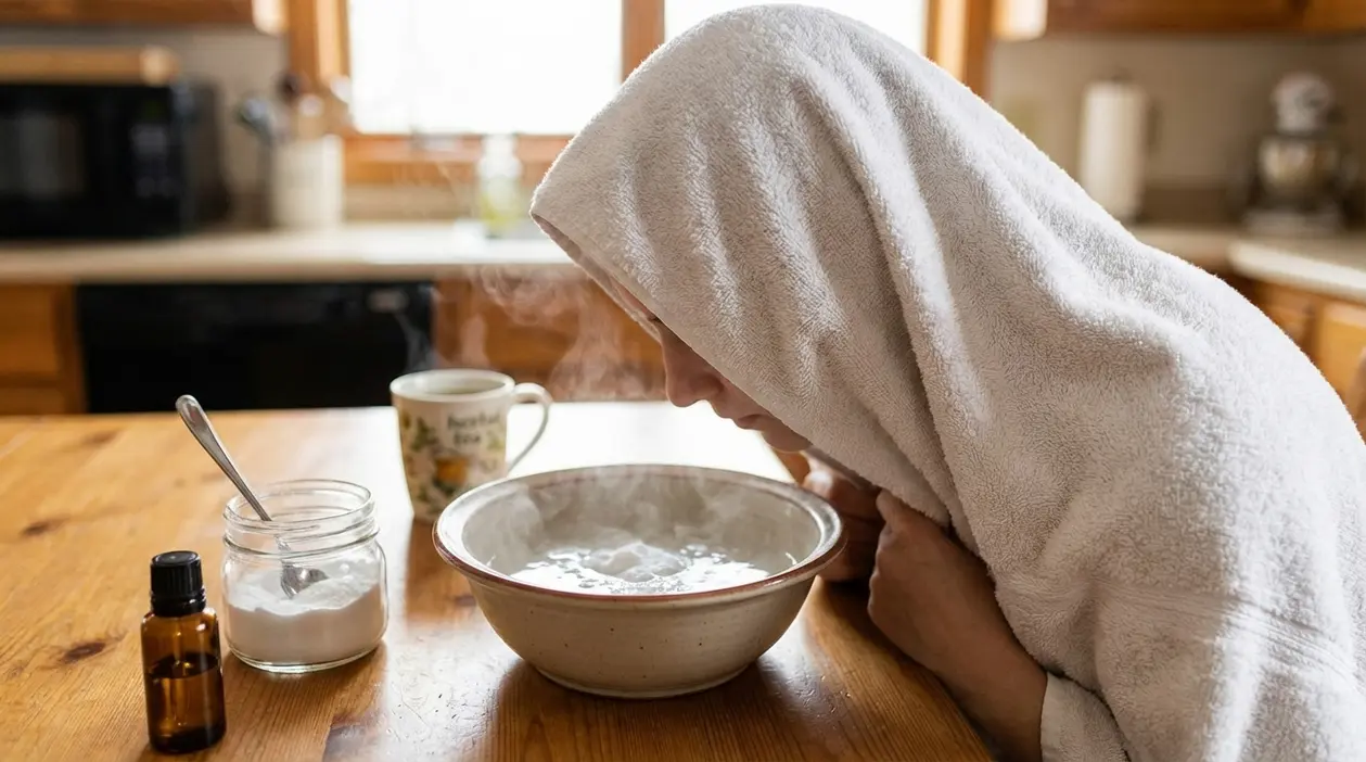 Persona con asciugamano sulla testa fa suffumigi su una ciotola di acqua calda con bicarbonato sul tavolo