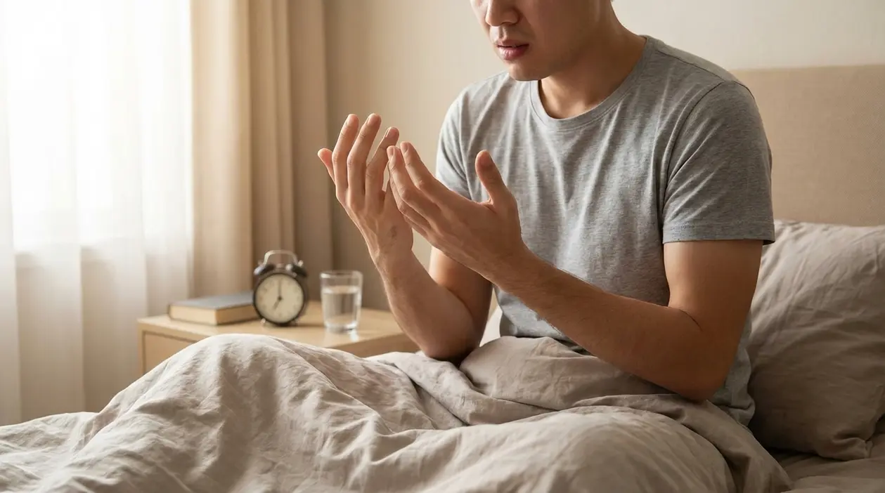 Persona seduta a letto al risveglio che osserva le mani, possibile intorpidimento o formicolio