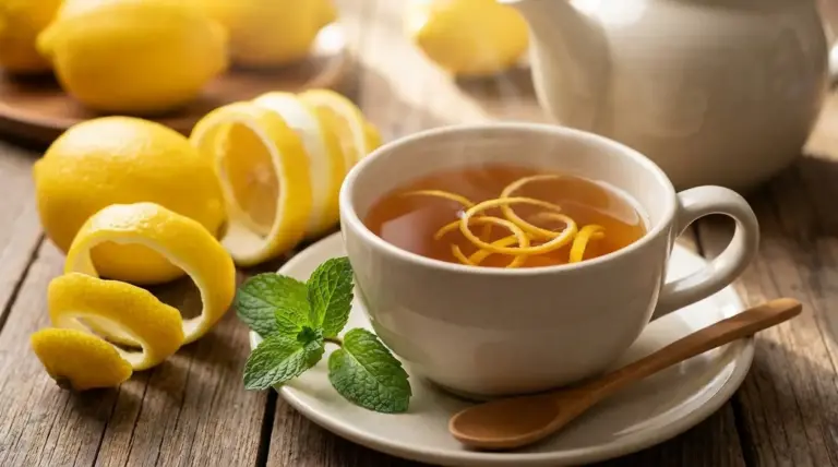 Tazza di tè con scorza di limone su tavolo in legno, con limoni e foglie di menta accanto