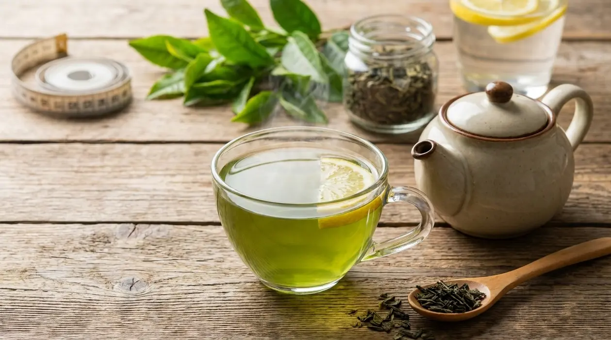 Tazza di tè verde con limone su tavolo in legno, con teiera, foglie di tè e metro da sarta