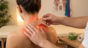 Persona durante un trattamento naturale alla cervicale con nastro applicato sul collo infiammato