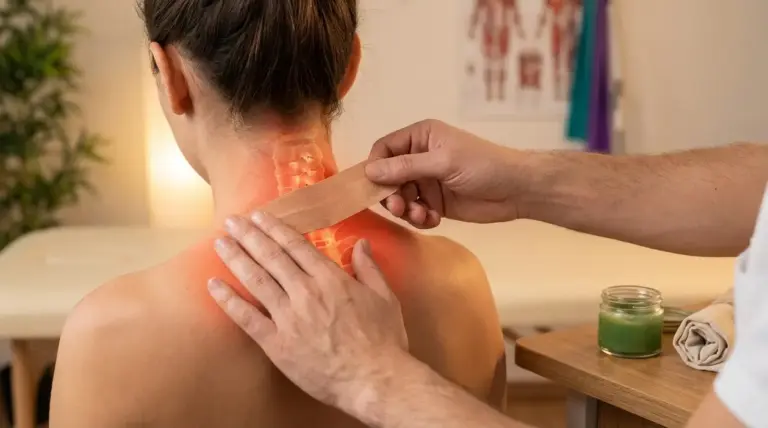 Persona durante un trattamento naturale alla cervicale con nastro applicato sul collo infiammato