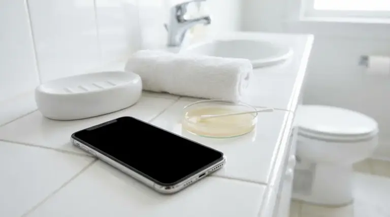 Smartphone appoggiato sul lavabo del bagno vicino a sapone e asciugamano, con WC sullo sfondo