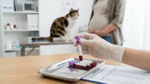 Provette di sangue per test del toxoplasma con gatto e donna incinta in ambulatorio veterinario