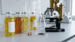Bottiglie di olio di semi e strumenti da laboratorio accanto a un microscopio durante test sui contaminanti