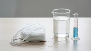 Mascherine FFP2 impilate accanto a un becher con acqua e a un cilindro graduato su un tavolo