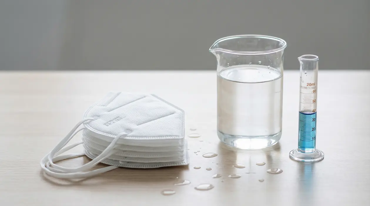 Mascherine FFP2 impilate accanto a un becher con acqua e a un cilindro graduato su un tavolo