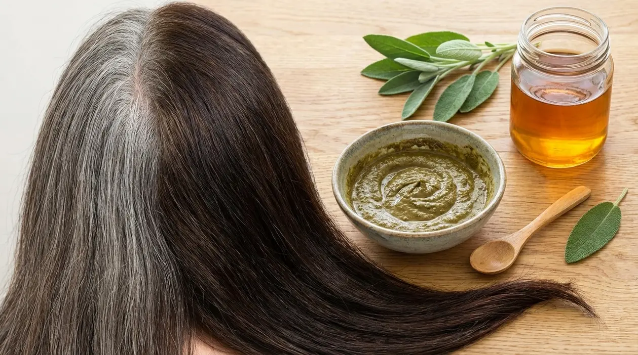 Capelli metà grigi e metà castani accanto a una ciotola di tinta naturale fai da te con erbe e olio
