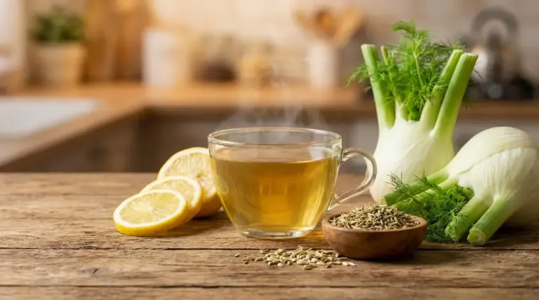 Tazza di tisana al finocchio con limone, semi di finocchio e bulbi freschi su un tavolo in cucina