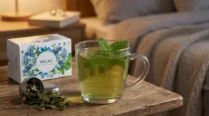 Tazza di tisana rilassante con foglie di melissa su un comodino, accanto a infusore e letto sullo sfondo