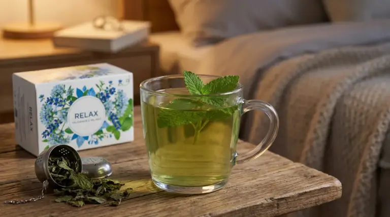 Tazza di tisana rilassante con foglie di melissa su un comodino, accanto a infusore e letto sullo sfondo