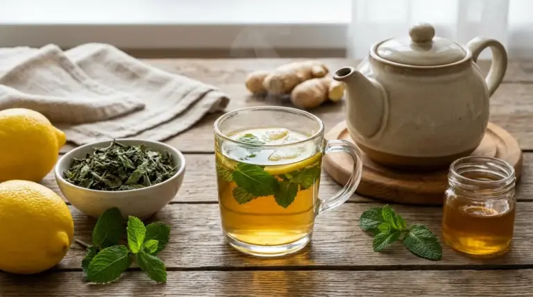 Tisana alla menta e limone in tazza di vetro con foglie di menta e fettine di limone su tavolo di legno