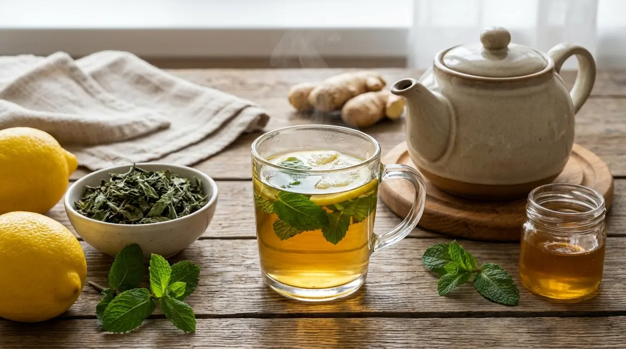 Tisana alla menta e limone in tazza di vetro con foglie di menta e fettine di limone su tavolo di legno