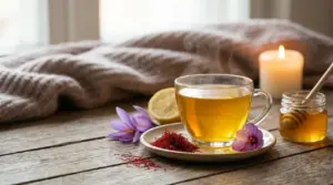 Tazza di tisana allo zafferano fumante con limone, miele e fiori su un tavolo in un'atmosfera rilassante