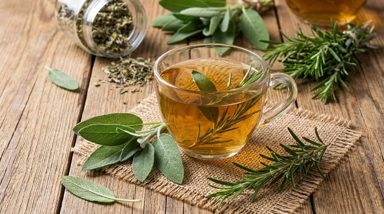 Tisana in tazza di vetro con salvia e rosmarino freschi su tavolo di legno