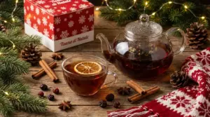 Tisana calda in tazza e teiera di vetro con fetta d’arancia, cannella e decorazioni natalizie su tavolo di legno