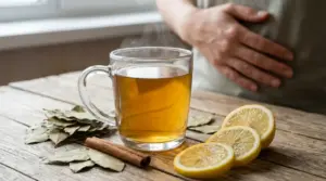 Tazza di tisana di alloro con limone e cannella su tavolo, con persona che si tiene l’addome