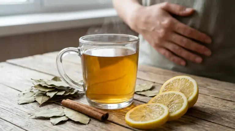Tazza di tisana di alloro con limone e cannella su tavolo, con persona che si tiene l’addome