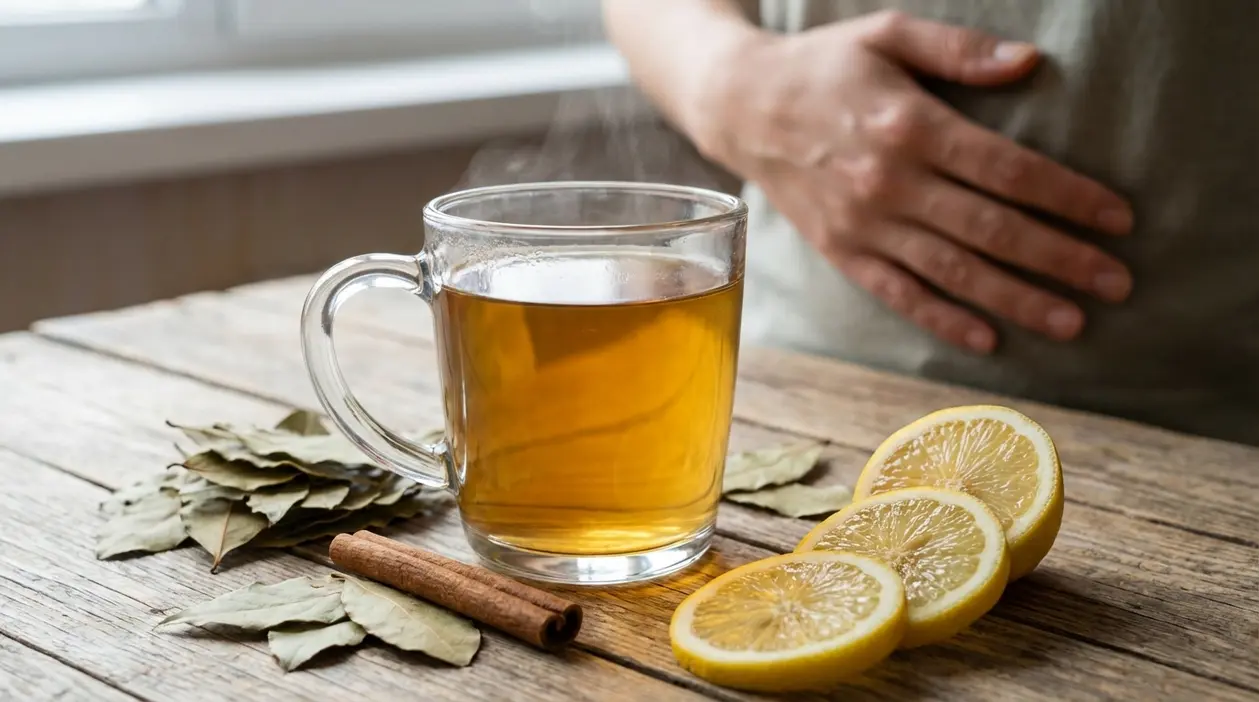 Tazza di tisana di alloro con limone e cannella su tavolo, con persona che si tiene l’addome