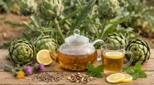 Tisana naturale con carciofi, limone e menta su tavolo rustico, ideale per depurare il fegato