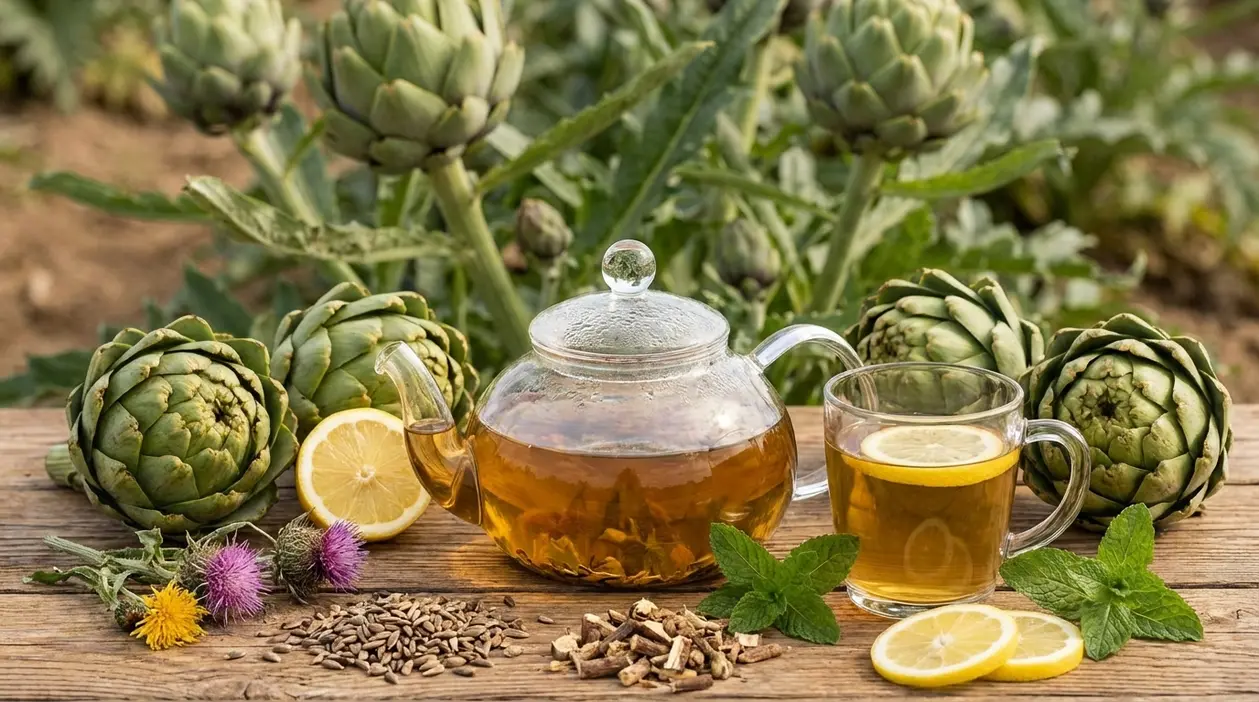 Tisana naturale con carciofi, limone e menta su tavolo rustico, ideale per depurare il fegato