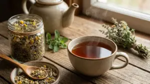 Tazza fumante di tisana naturale con erbe essiccate e teiera su tavolo in legno