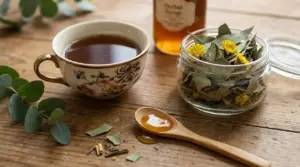 Tazza di tisana con miele e erbe naturali su un tavolo di legno, rimedio per tosse e mal di gola