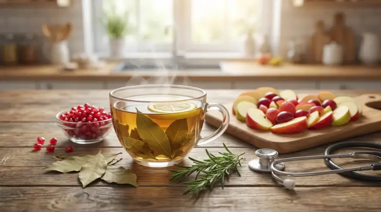 Tisana in tazza di vetro con foglie ed una fetta di limone, frutta e uno stetoscopio su tavolo in cucina