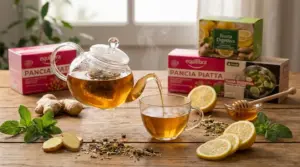 Teiera e tazza di tisana digestiva con zenzero, limone e menta su tavolo di legno