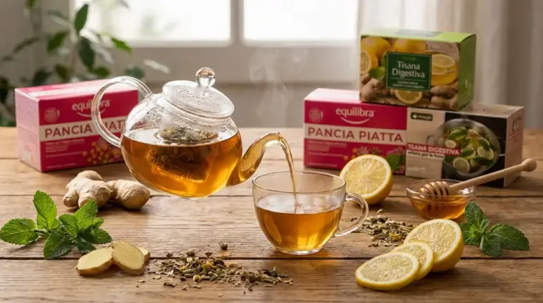 Teiera e tazza di tisana digestiva con zenzero, limone e menta su tavolo di legno