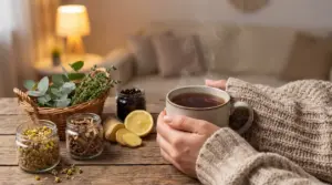Persona con tazza di tisana calda accanto a camomilla, zenzero, limone ed erbe aromatiche