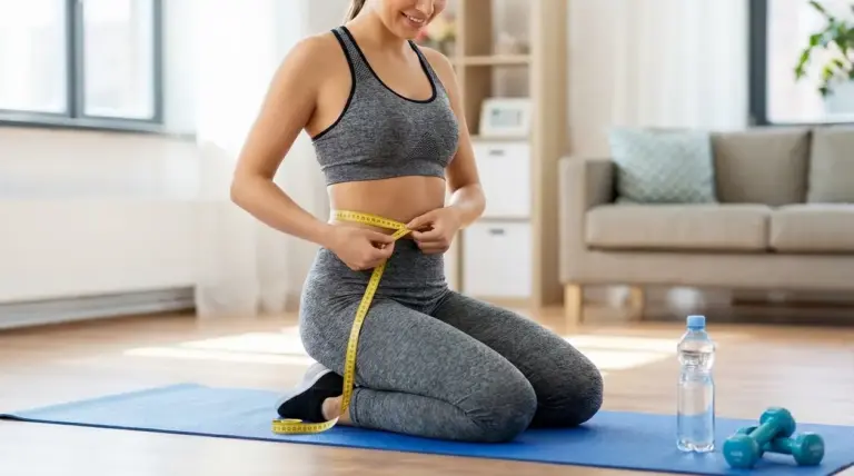 Donna in abbigliamento sportivo misura il girovita su un tappetino da fitness in casa