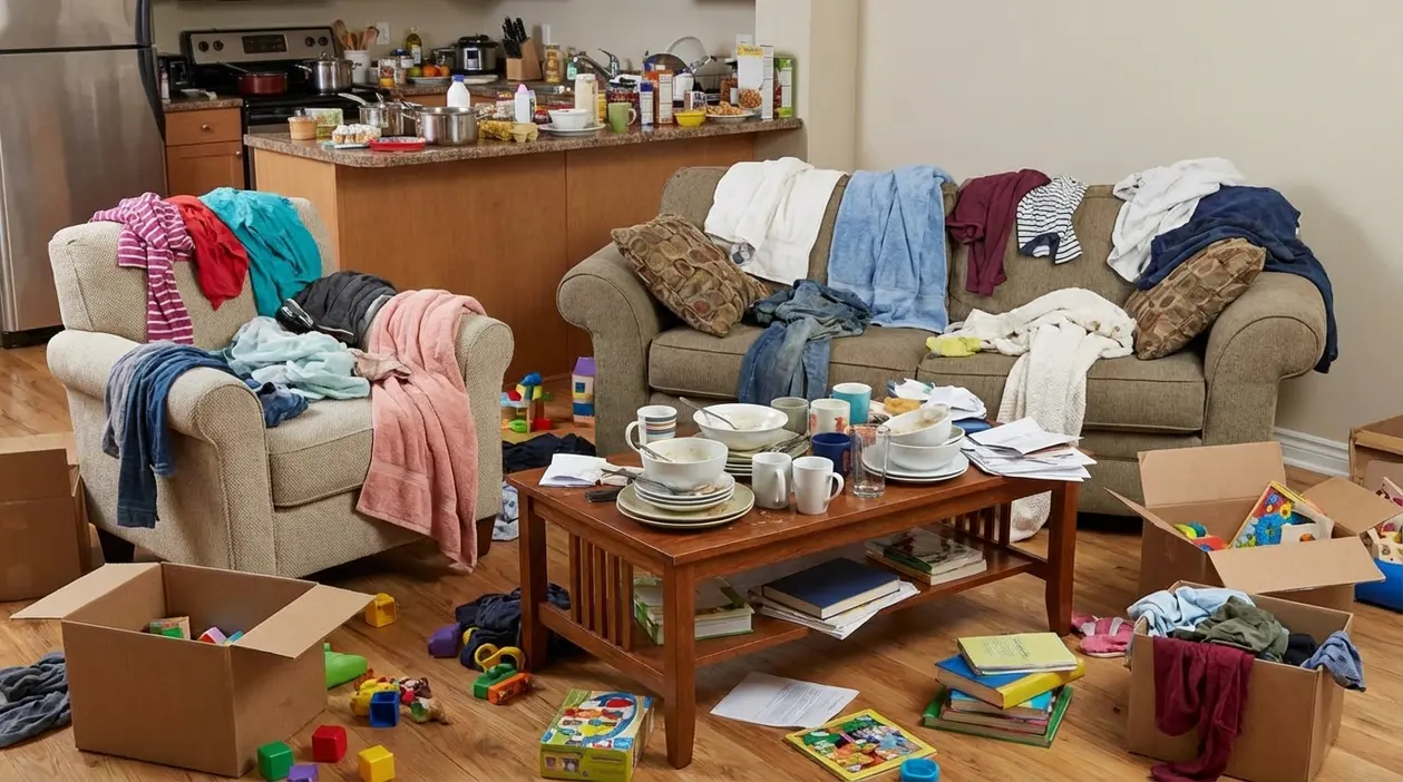 Soggiorno e cucina in disordine con vestiti sui divani, piatti sul tavolino e giochi sparsi sul pavimento