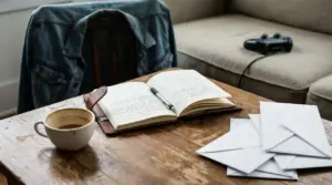 Tavolo con taccuino aperto, penna, tazza di caffè e buste, con un controller su un divano sullo sfondo