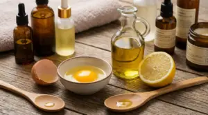 Ingredienti naturali per maschera capelli: uovo in ciotola, olio in bottiglia e limone su tavolo in legno