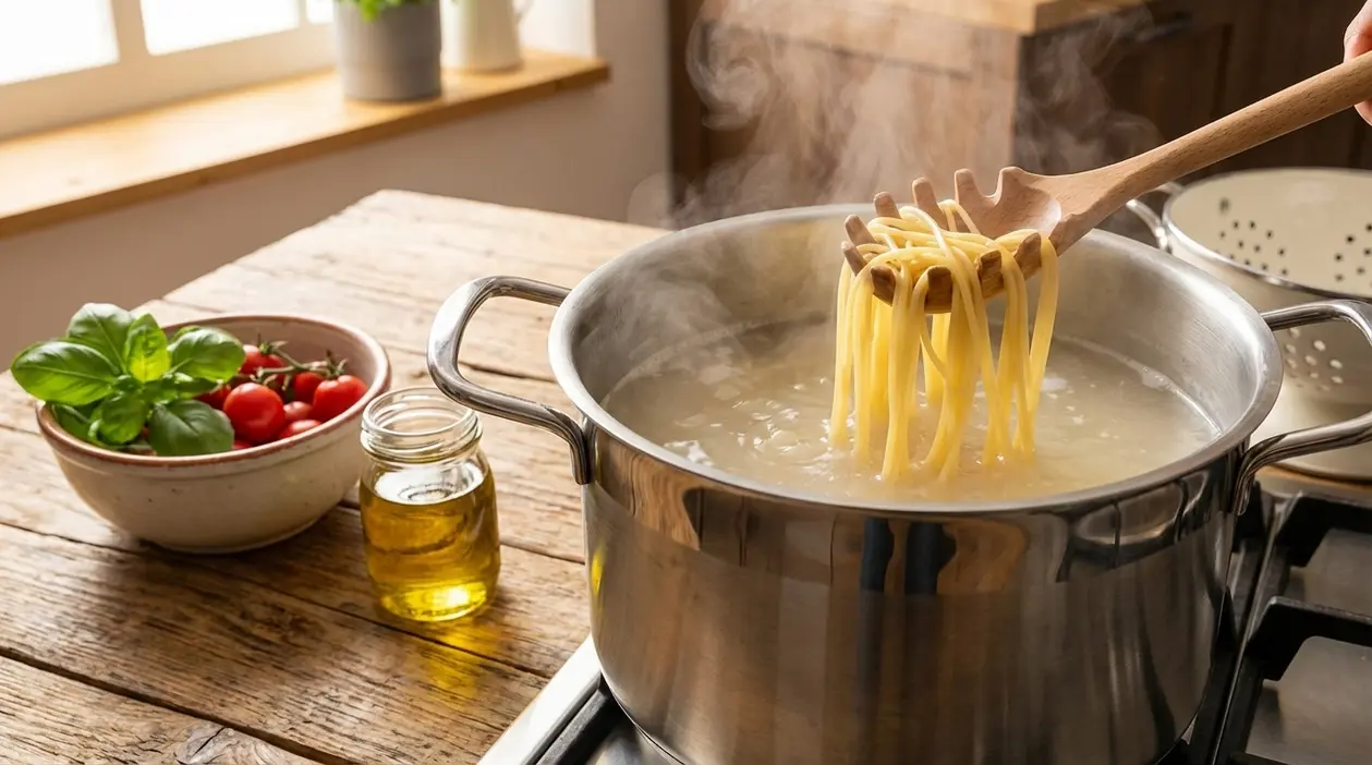 Pentola con spaghetti in cottura e acqua amidata, sollevati con forchettone in legno su piano cucina