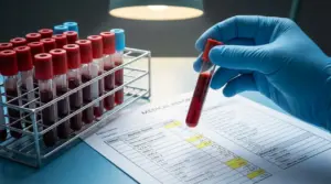 Provette di sangue e mano con guanto che esamina un campione in laboratorio per analisi della VES alta