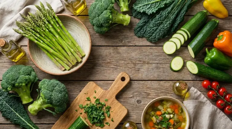 Verdure a basso contenuto di zuccheri su tavolo rustico: asparagi, broccoli, cavolo nero, zucchine e peperoni