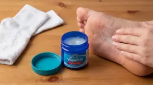 Persona applica Vicks VapoRub sulla pianta del piede accanto a un paio di calzini bianchi