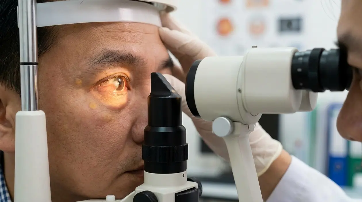 Paziente durante una visita oculistica con lampada a fessura per valutare congiuntiva, pinguecola e pterigio