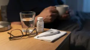 Occhiali, termometro e bicchiere d’acqua su comodino, con una persona sullo sfondo che tiene una tazza