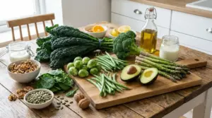 Ortaggi ricchi di vitamina K su un tavolo: cavolo nero, broccoli, spinaci, cavolini, asparagi e avocado