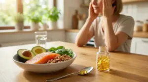 Persona con mal di testa in cucina accanto a integratore in capsule e piatto con salmone, avocado, noci e spinaci