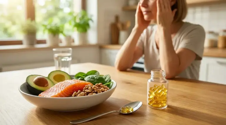 Persona con mal di testa in cucina accanto a integratore in capsule e piatto con salmone, avocado, noci e spinaci