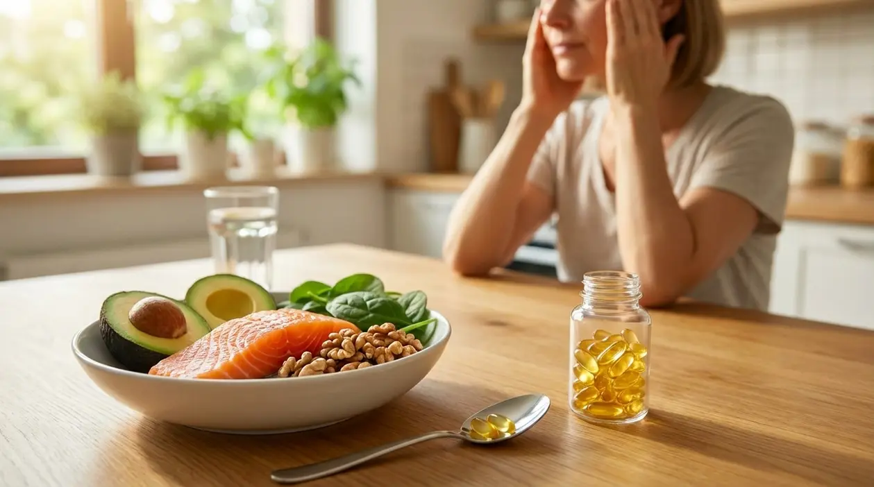 Persona con mal di testa in cucina accanto a integratore in capsule e piatto con salmone, avocado, noci e spinaci