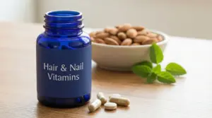 Flacone di integratore per capelli e unghie con capsule e compresse su un tavolo, con mandorle sullo sfondo