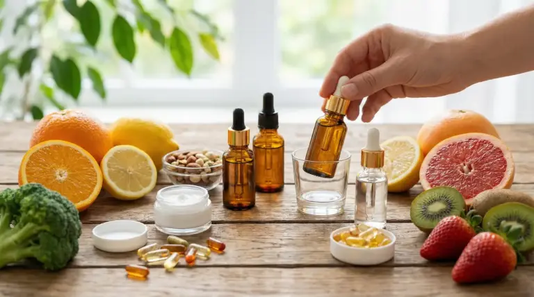 Sieri in boccette con contagocce e frutta ricca di vitamine su tavolo in legno, con una mano che prende un flacone