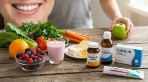 Persona sorridente con frutta, verdure e integratori per il benessere di ossa e denti su un tavolo