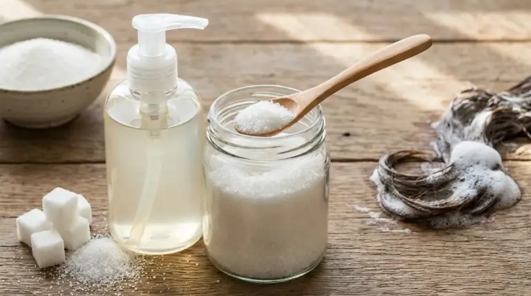 Flacone di shampoo accanto a un barattolo di zucchero e un cucchiaio su un tavolo di legno