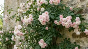 Rosa rampicante con fiori rosa e crema in grappoli, che ricopre un muro in pietra con foglie verdi